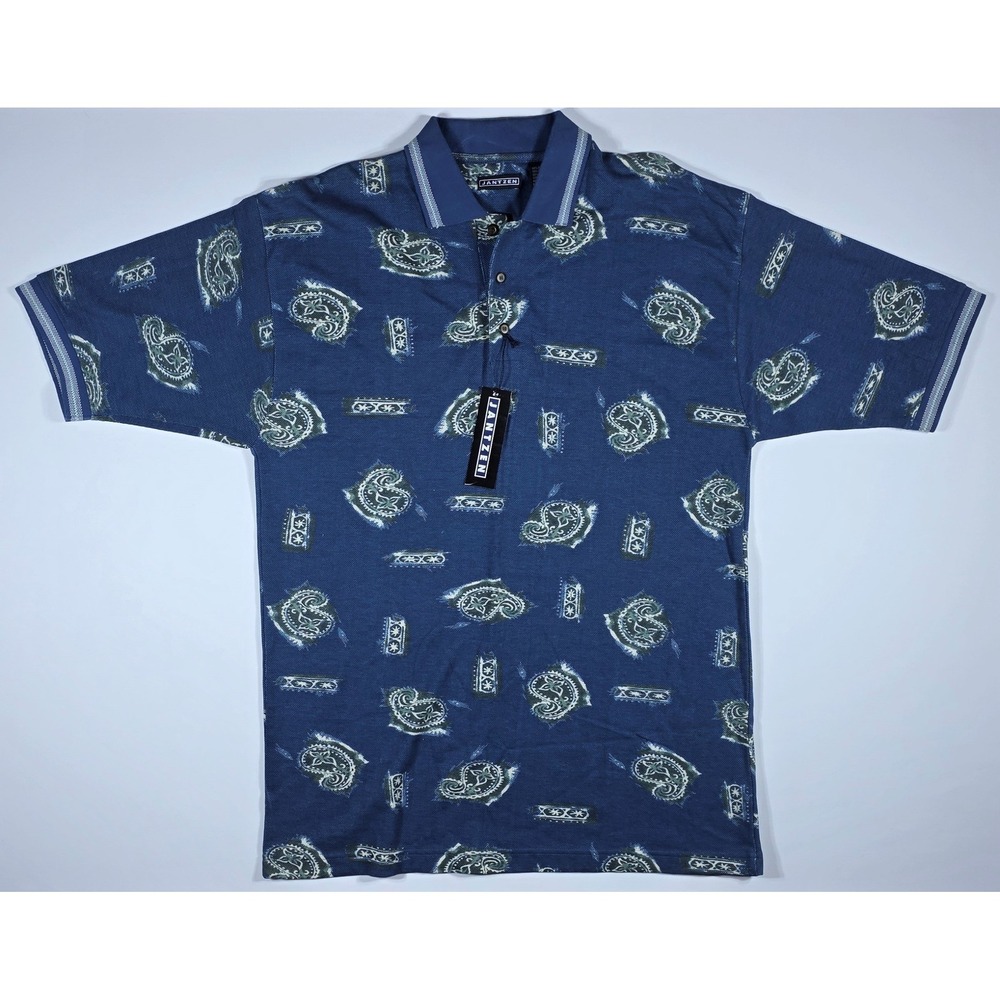 Jantzen Men's Blue Paisley Print Cotton Polo Shirt Short Sleeve Size Large NWT
